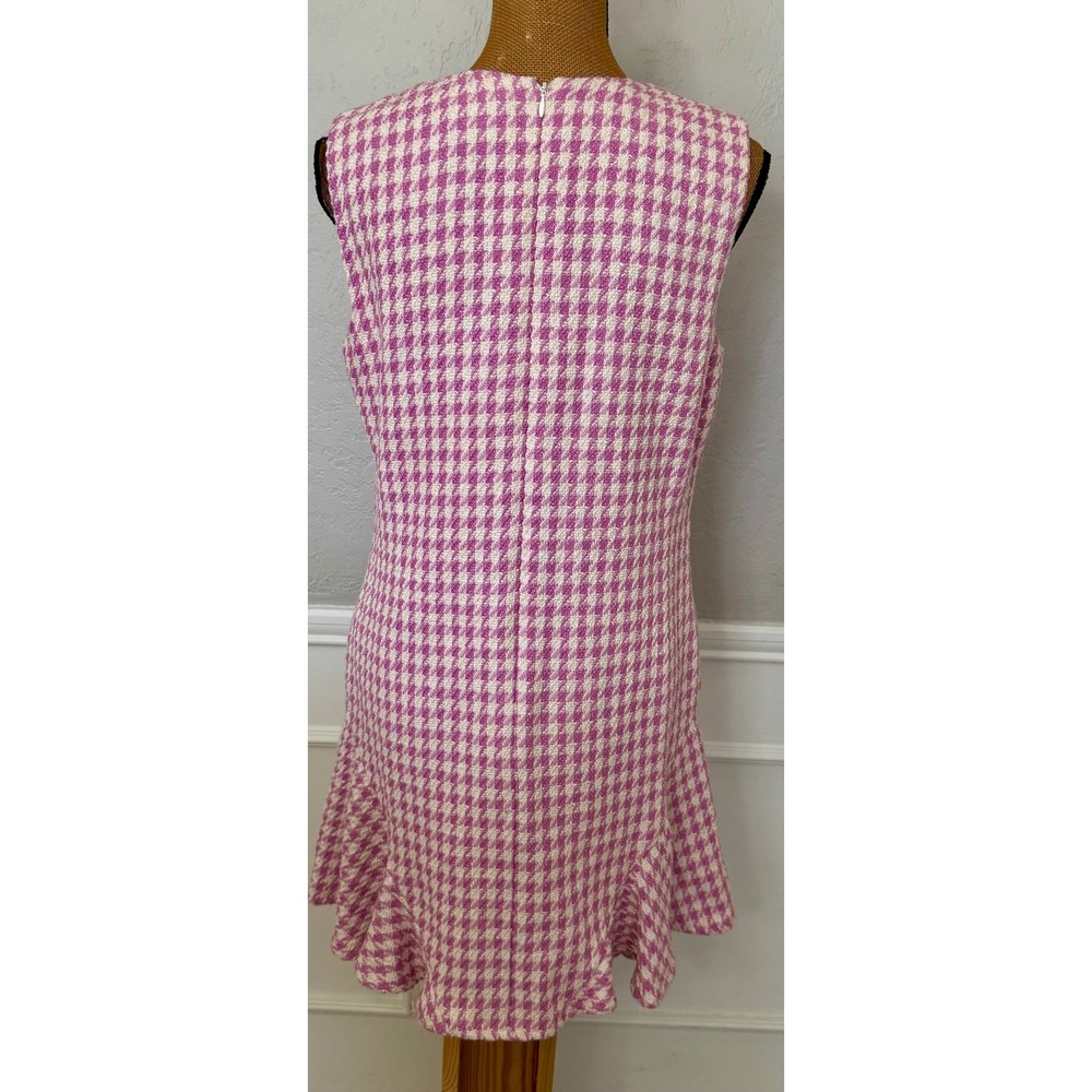 CeCe Pink White Houndstooth Tweed Sleeveless Flounce Hem Dress Size 12 - Picture 4 of 11